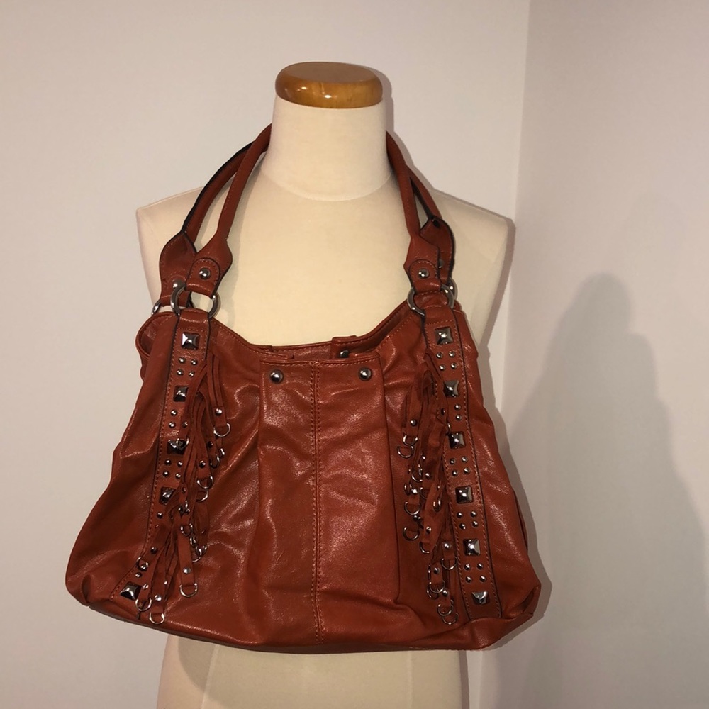 Kathy Van Zeeland hand bag, orange with silver and fringe